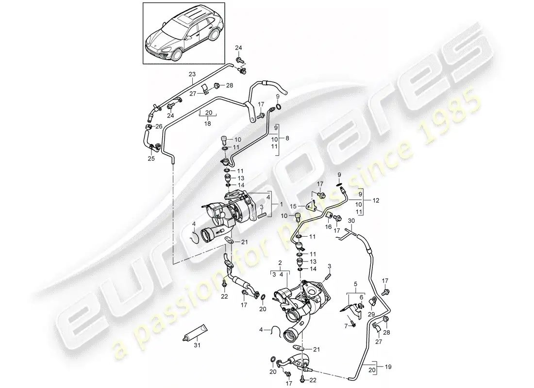 porsche 2015 (cayenne e2 92a) exhaust gas turbocharger parts diagram