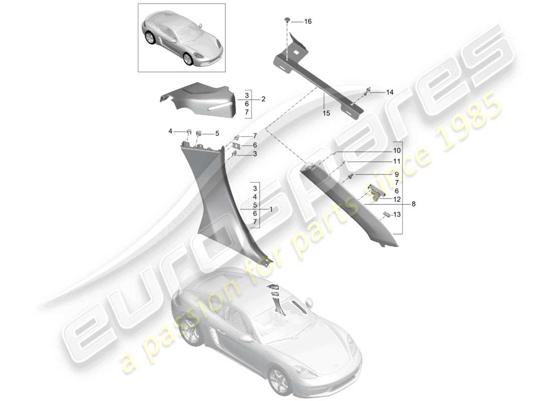 porsche 2022 (718 cayman) side panel trim b-pillar part diagram