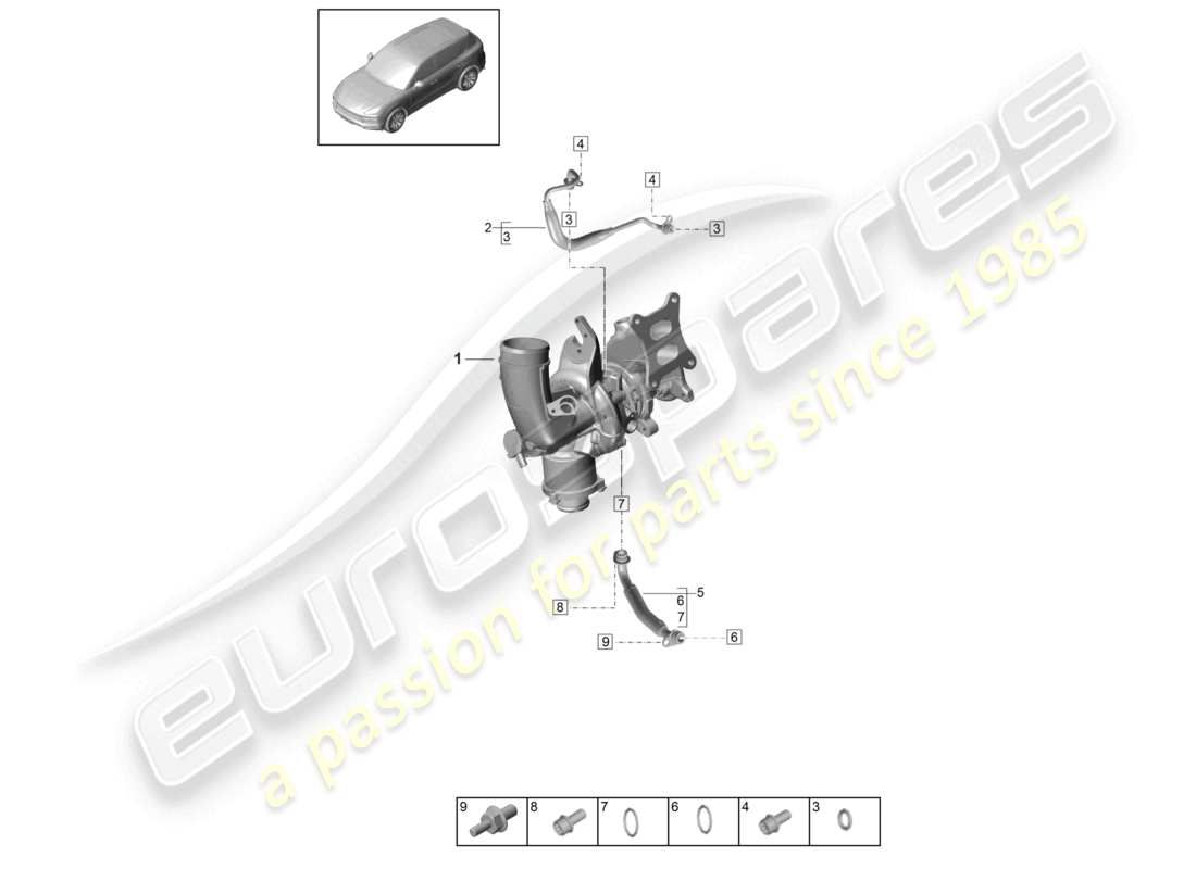 porsche 2023 (cayenne e3 9ya/9yb) oil pressure line for engine oil cooling exhaust gas turbocharger part diagram