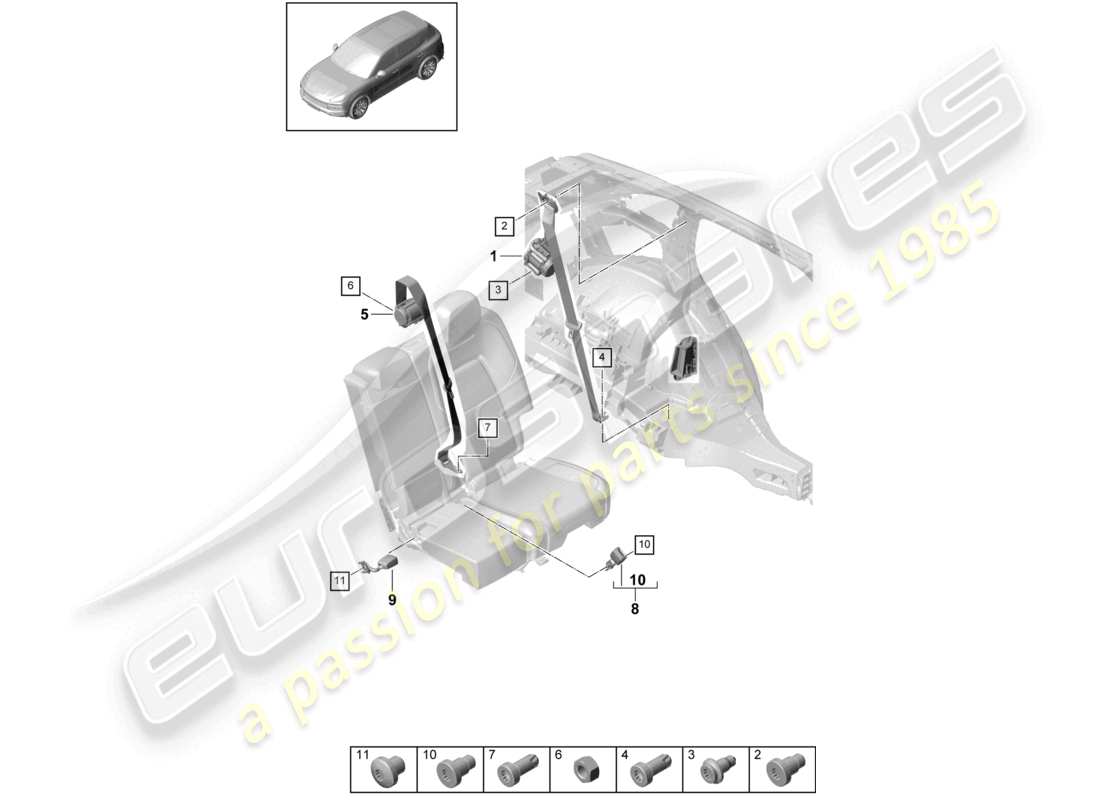 porsche 2024 (cayenne e3 9ya/9yb) three-point safety belt rear belt latch part diagram