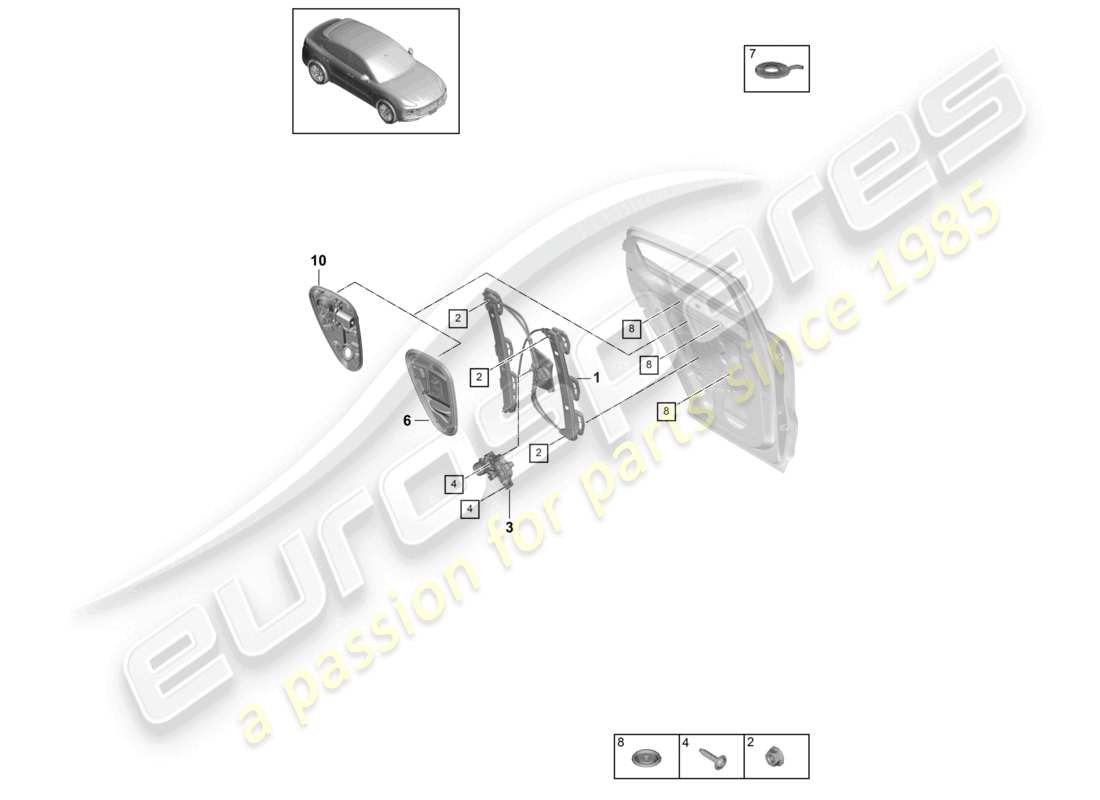 porsche 2021 (cayenne e3 9ya/9yb) window regulator rear assembly carrier part diagram