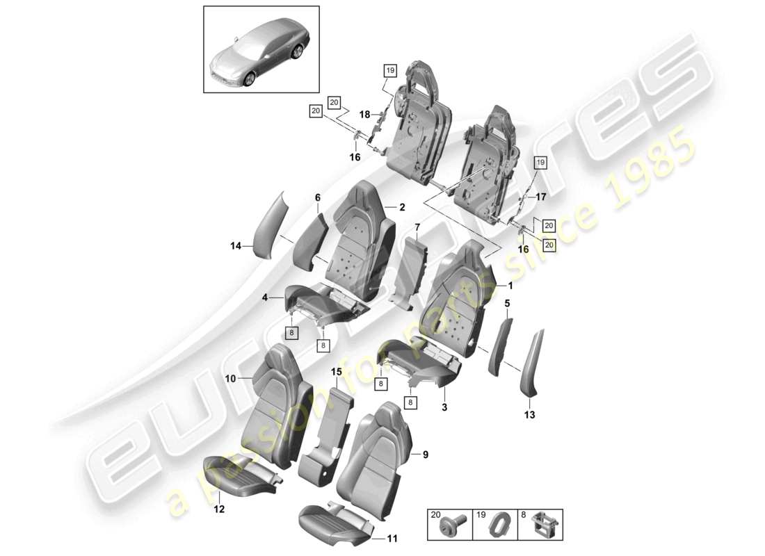 porsche 2021 (panamera 971-1) seat rear for vehicles with extended wheelbase comfort version foam part seat covers part diagram