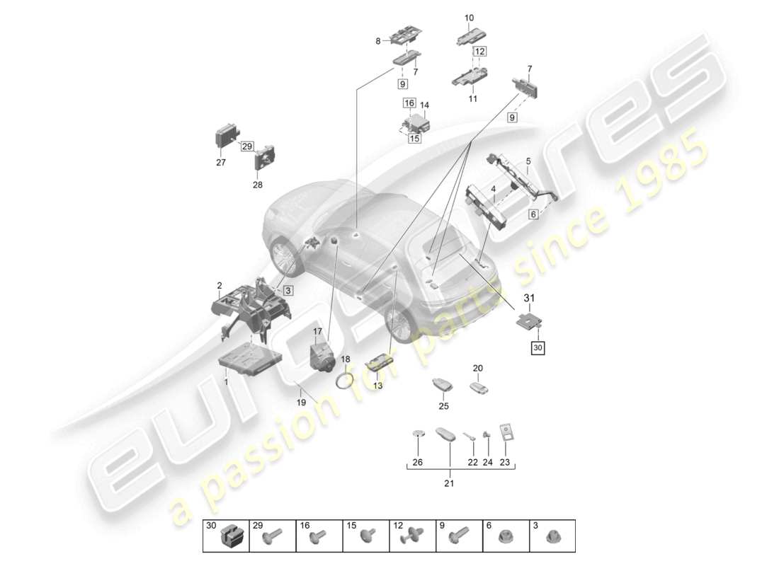 porsche 2024 (macan) control units control unit (bcm) for conv. system & ob power supply for vehicles with kessy (access and start auth.) aerial for access and start authorisation (kessy) control unit for auxiliary heater handheld transmitter part diagram