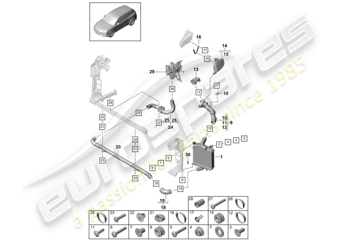 porsche 2021 (cayenne e3 9ya/9yb) charge air cooler pressure hose part diagram