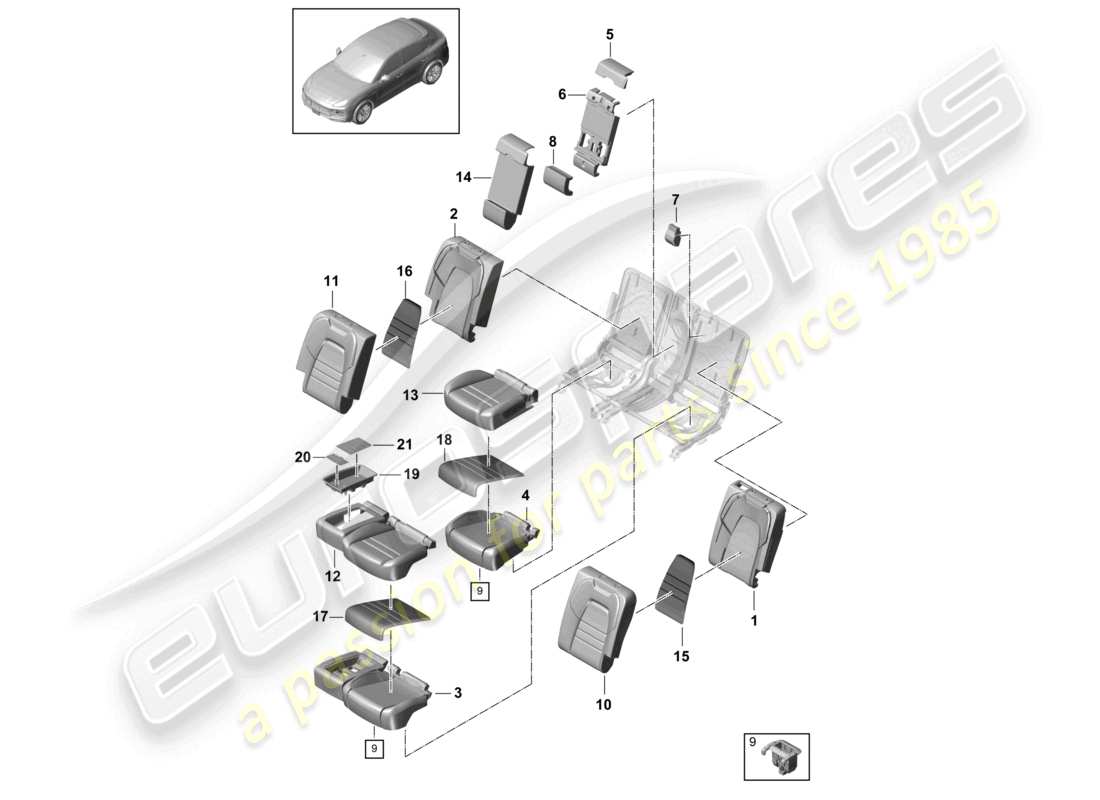 porsche 2023 (cayenne e3 9ya/9yb) seat rear sports seat foam part backrest covers seat covers part diagram