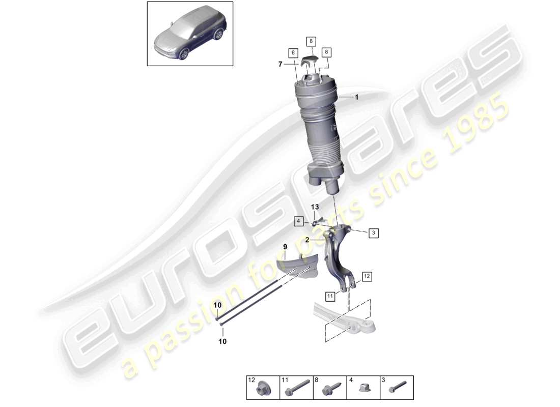 porsche 2021 (cayenne e3 9ya/9yb) air spring suspension strut complete part diagram