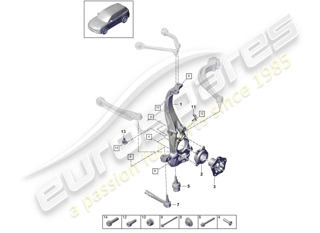 porsche 2021 (cayenne e3 9ya/9yb) wheel carrier swivel mounting wheel hub front axle part diagram
