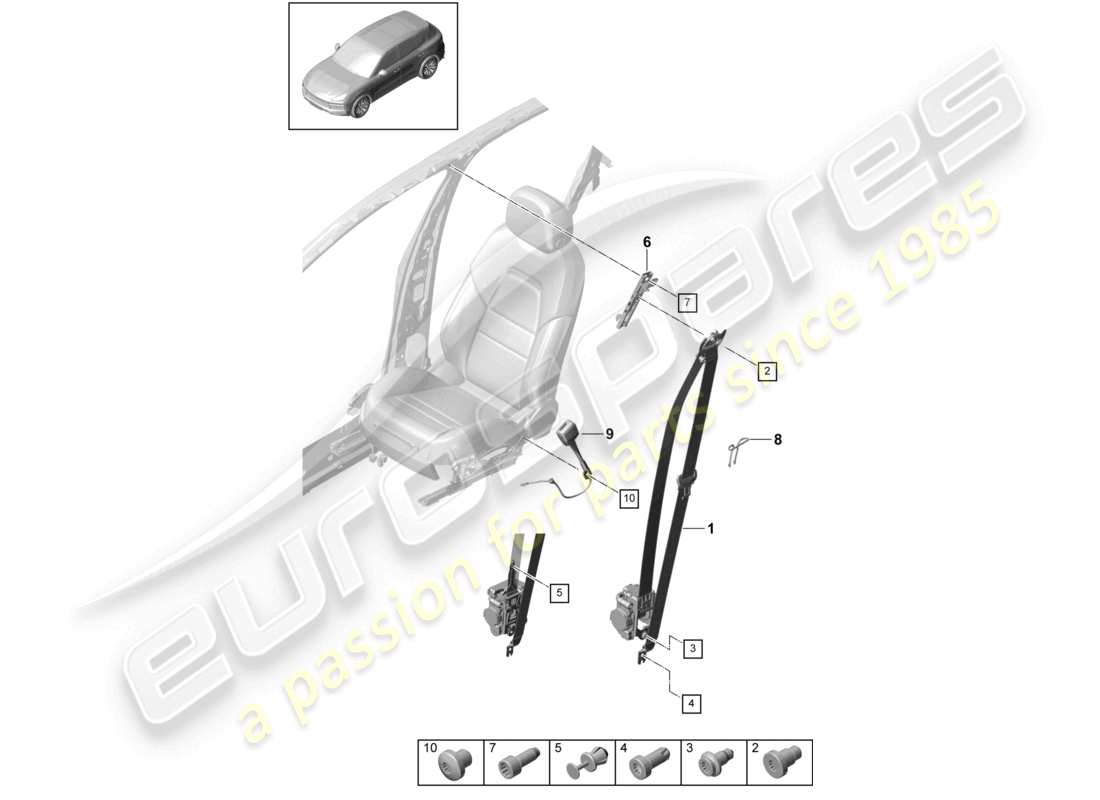 porsche 2021 (cayenne e3 9ya/9yb) three-point safety belt front belt latch part diagram