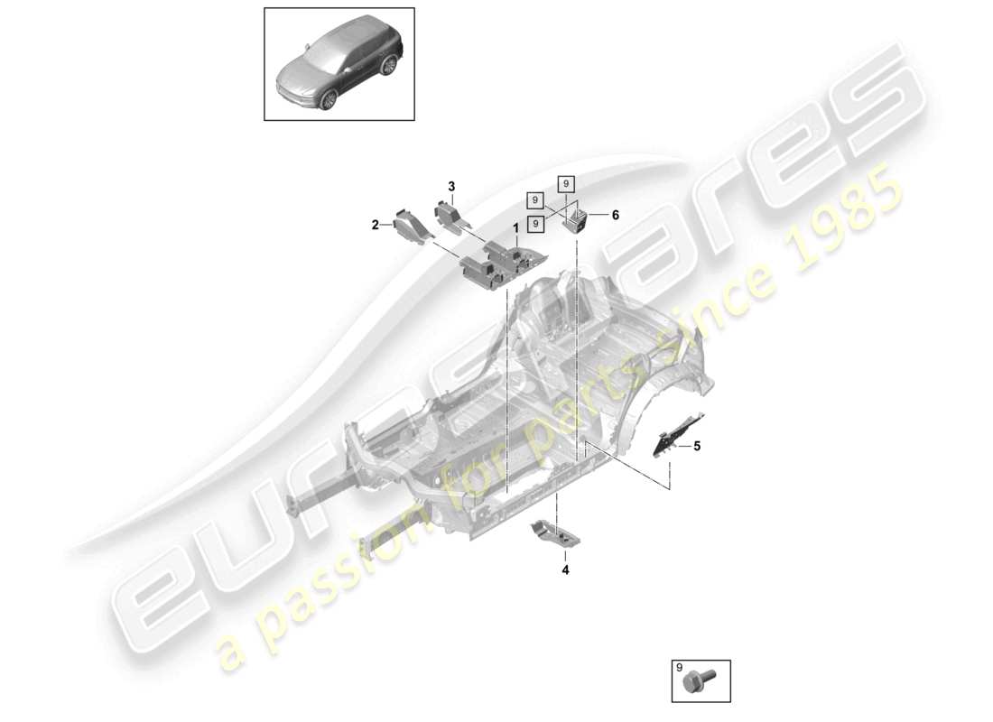 porsche 2021 (cayenne e3 9ya/9yb) floor plates center seat support part diagram