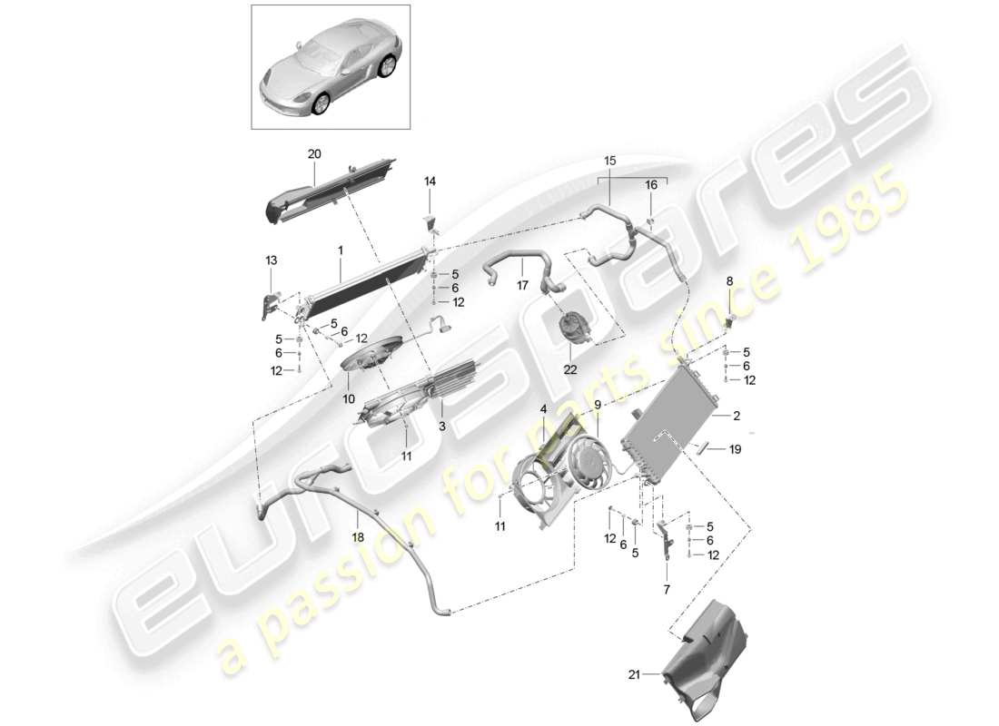 porsche 2025 (718 cayman) coolant cooling system cooler for coolant radiator fan rear end part diagram