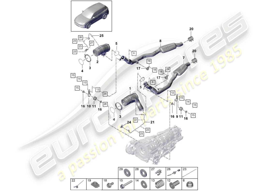 porsche 2021 (cayenne e3 9ya/9yb) exhaust system catalytic converter petrol particulate filter lambda probe part diagram