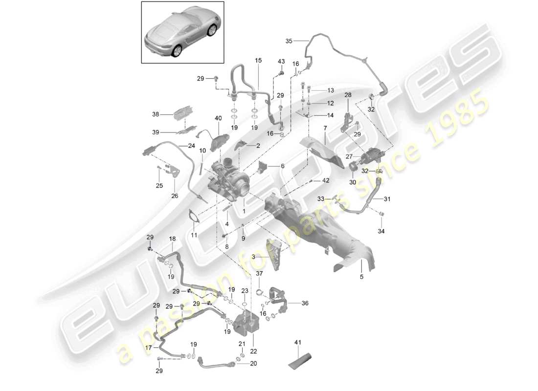 porsche 2025 (718 cayman) exhaust gas turbocharger with: heat insulation oil pipe coolant pipe part diagram
