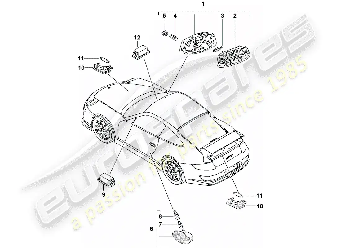 porsche 2008 (997-1 gt3) interior lights parts diagram