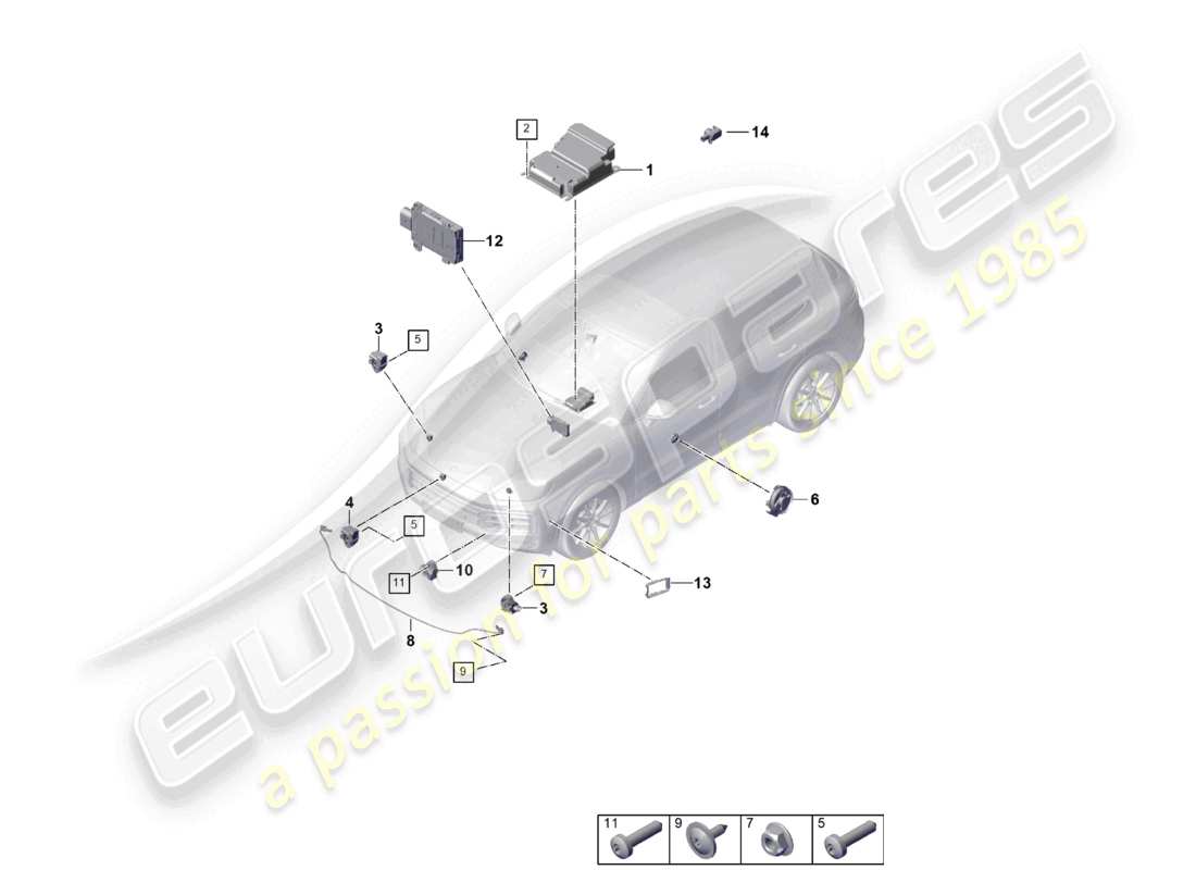 porsche 2023 (cayenne e3 pa) control unit airbag sensors pressure sensor pedestrian protection part diagram