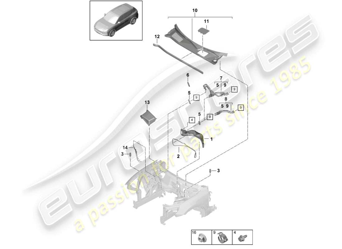 porsche 2021 (cayenne e3 9ya/9yb) heater water box part diagram