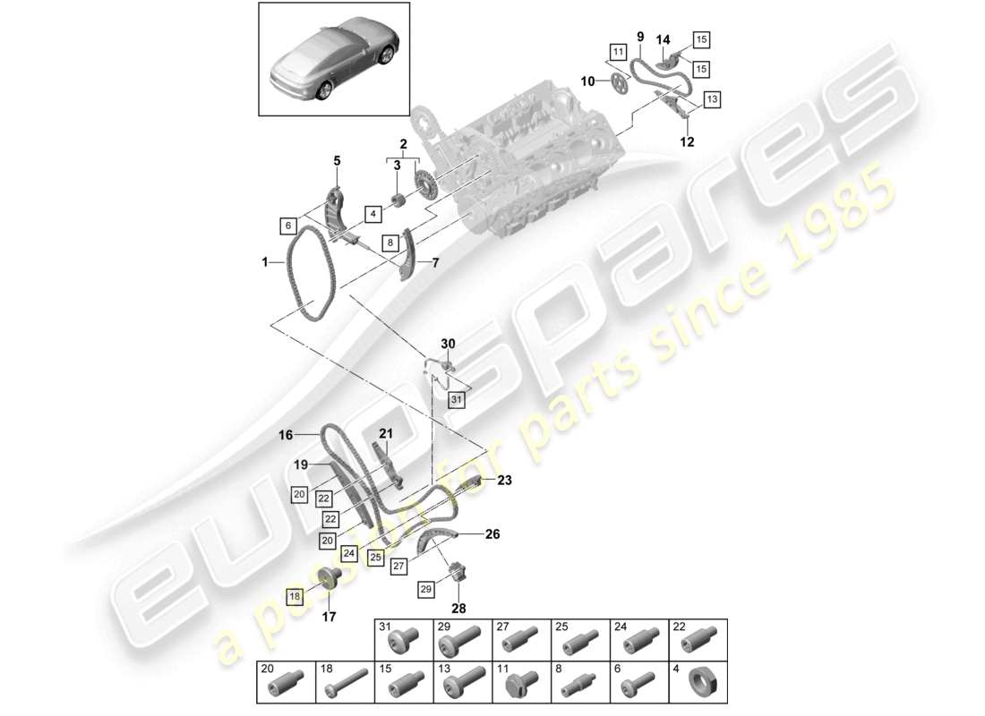 porsche 2021 (panamera 971-1) timing chain slide rail chain tensioner parts diagram
