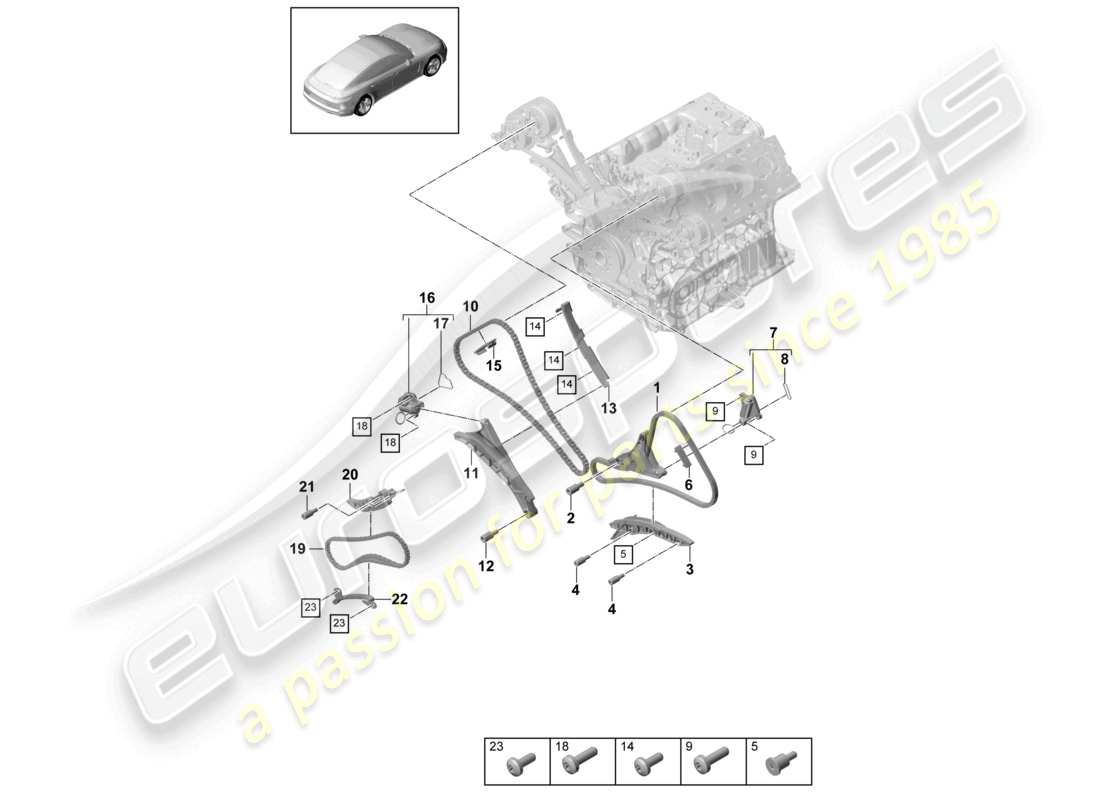 porsche 2021 (panamera 971-1) timing chain slide rail chain tensioner part diagram