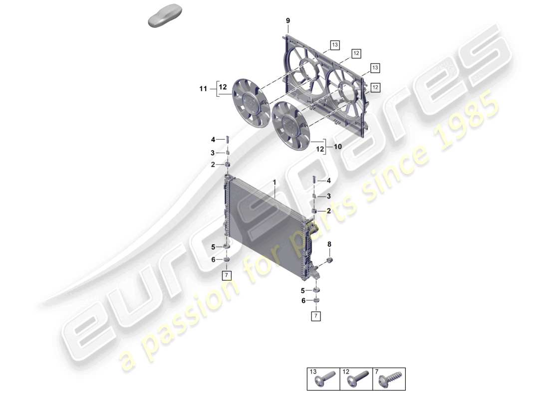 porsche 2023 (cayenne e3 pa) coolant cooling system cooler for coolant radiator cowl part diagram