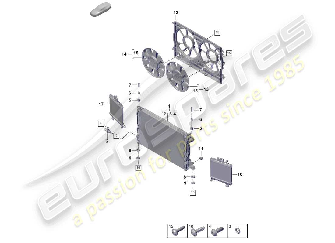 porsche 2023 (cayenne e3 pa) coolant cooling system cooler for coolant radiator cowl part diagram