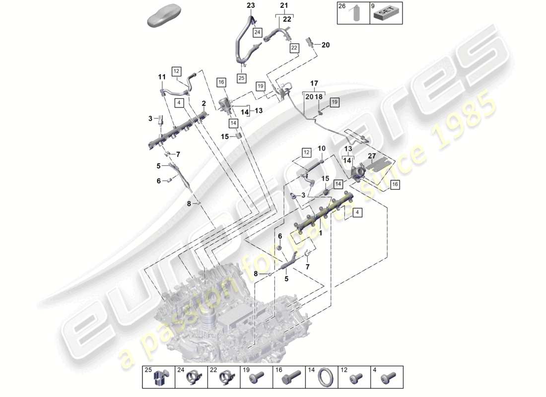 porsche 2023 (cayenne e3 pa) fuel collection pipe high-pressure injector high pressure pump fuel line part diagram