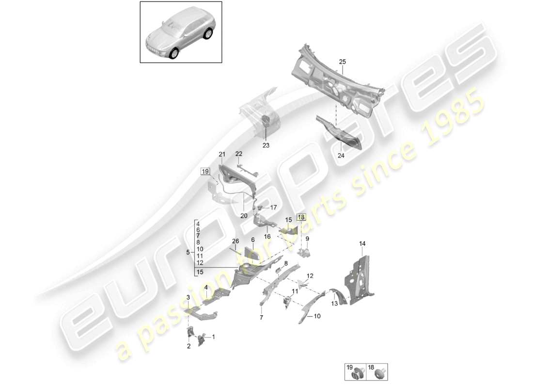 porsche 2021 (macan) front end suspension strut mounting firewall parts diagram