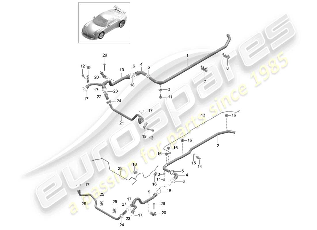 porsche 2021 (991-2 r/gt3/rs) coolant cooling system front end part diagram