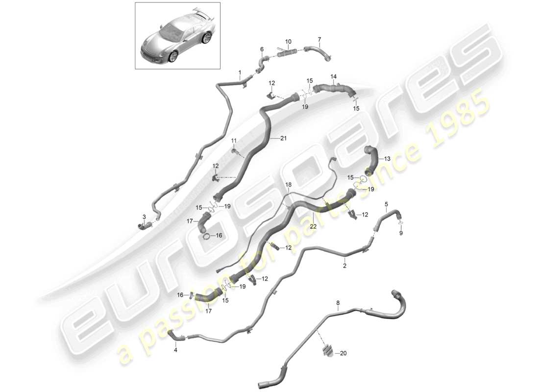 porsche 2021 (991-2 r/gt3/rs) coolant cooling system rear end heater breather line part diagram