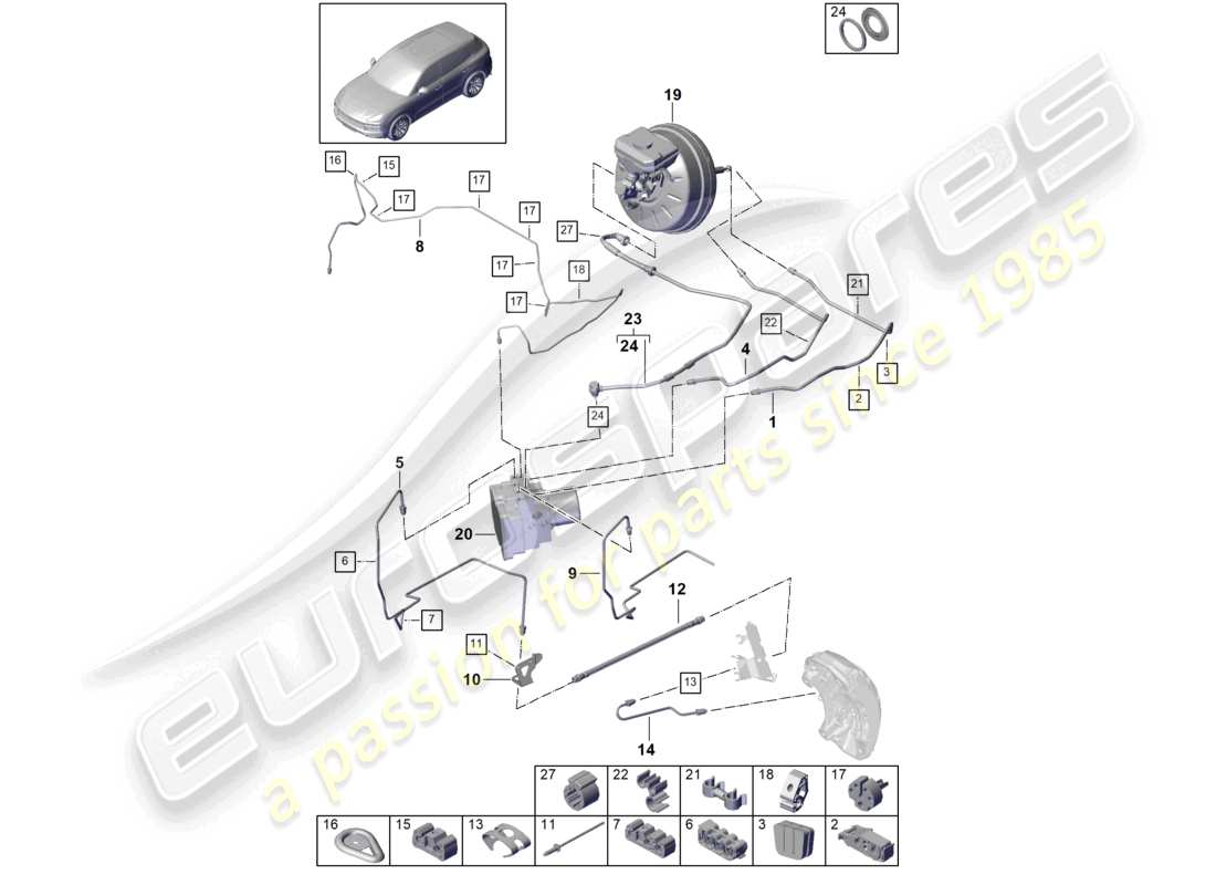 porsche 2022 (cayenne e3 9ya/9yb) brake line phev front end part diagram