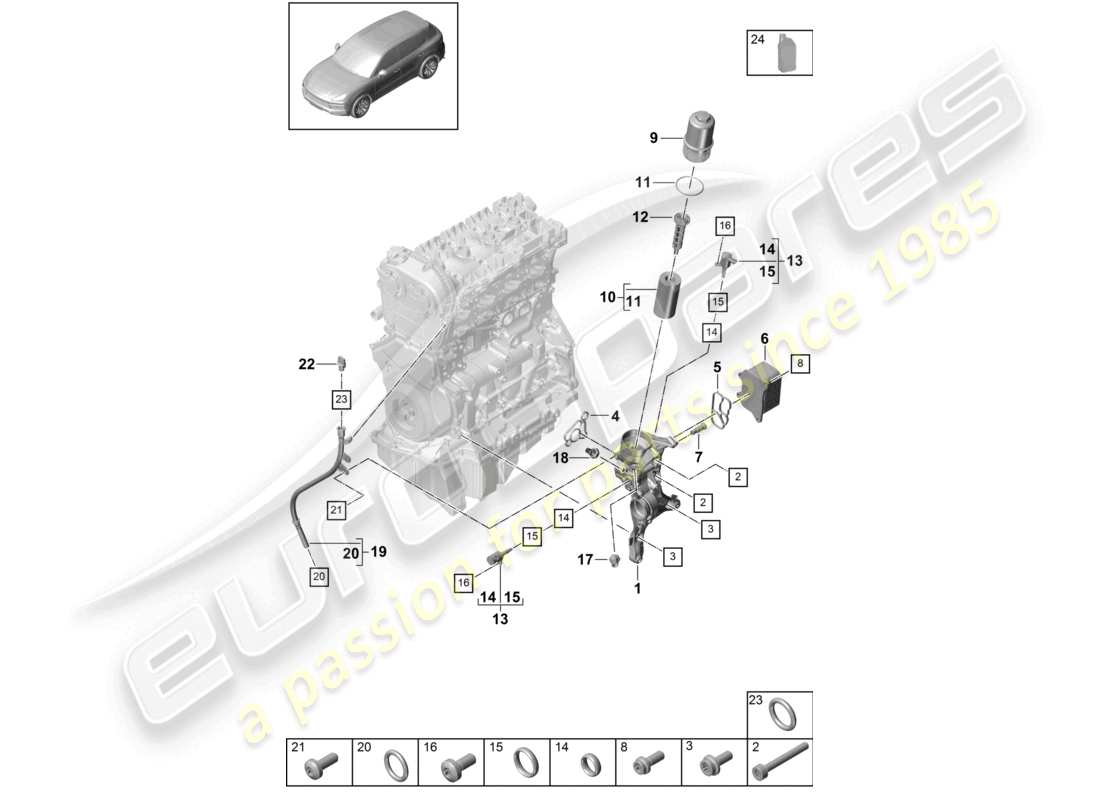 porsche 2022 (cayenne e3 9ya/9yb) oil filter console oil cooler part diagram