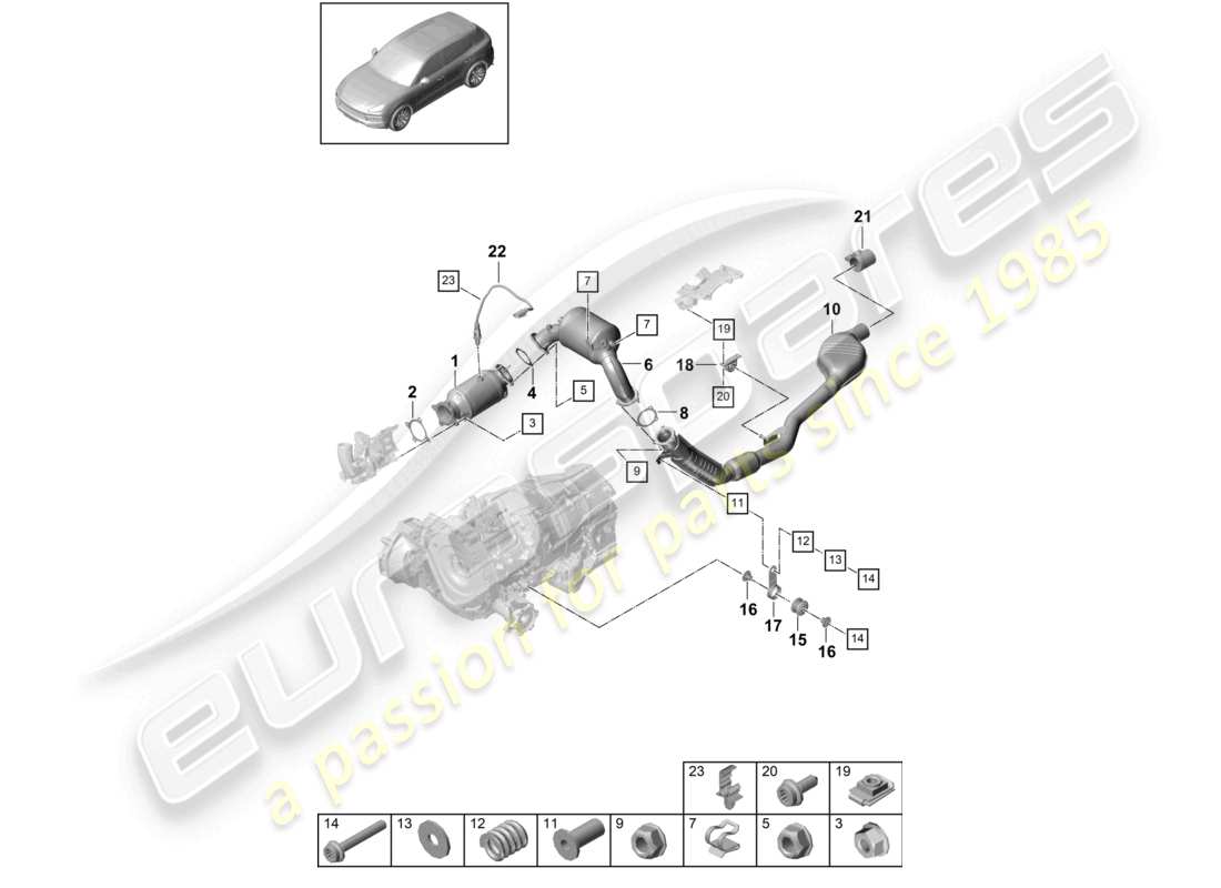 porsche 2024 (cayenne e3 9ya/9yb) exhaust system catalytic converter with petrol particulate filter exhaust pipe with front silencer lambda probe part diagram