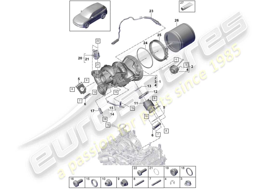 porsche 2023 (cayenne e3 9ya/9yb) exhaust gas turbocharger exhaust manifolds lambda probe part diagram
