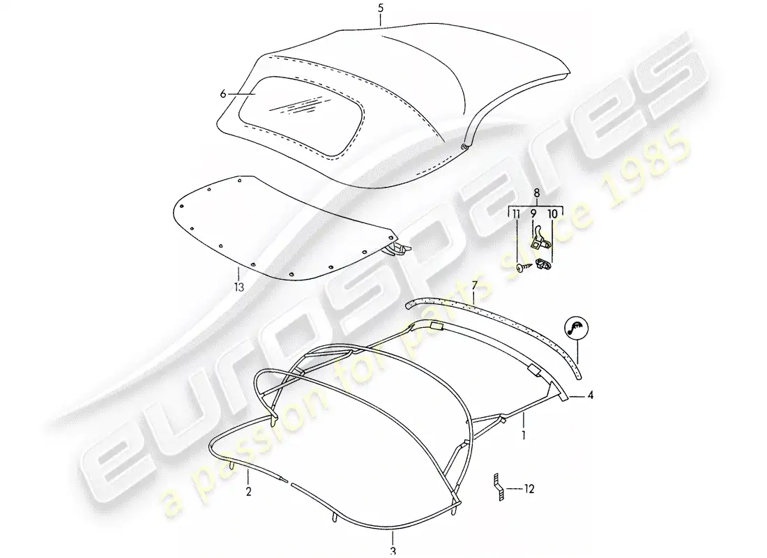 porsche 1957 (356/356a) convertible top - convertible top covering parts diagram
