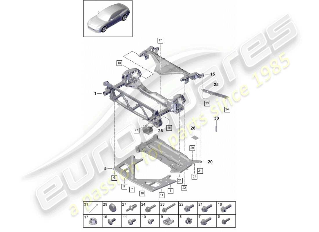 porsche 2021 (panamera 971-1) support frame cross member guard plate part diagram
