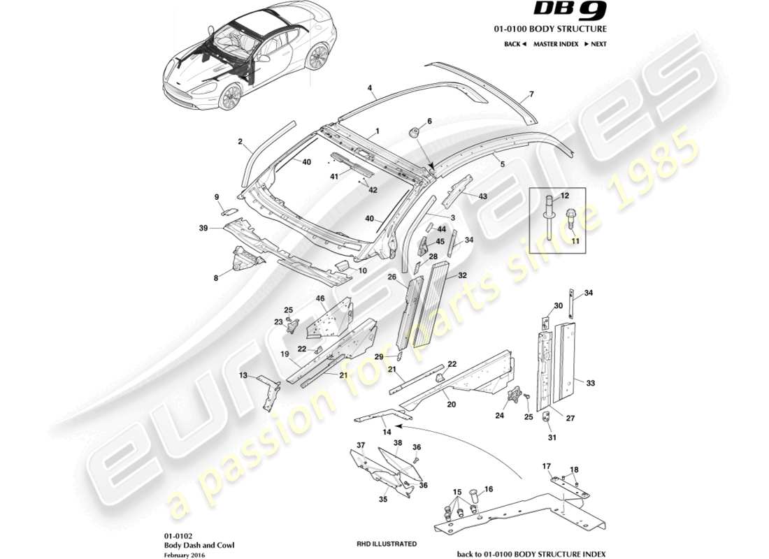 aston martin db9 (2015) body dash & cowl, coupe part diagram