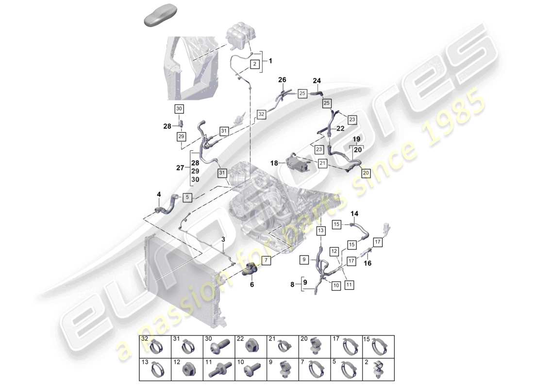 porsche 2025 (cayenne e3 pa) coolant cooling system coolant expansion tank coolant pipe part diagram