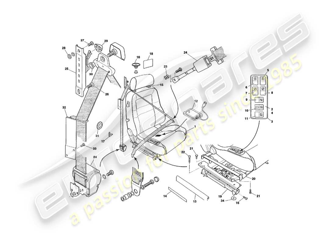 aston martin v8 coupe (2000) front seats & belts v79080 & v79074 on parts diagram