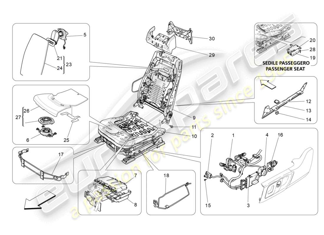 maserati levante trofeo (2020) front seats: mechanics and electronics parts diagram