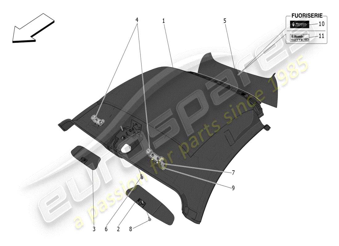 maserati mc20 (2024) roof and sun visors parts diagram