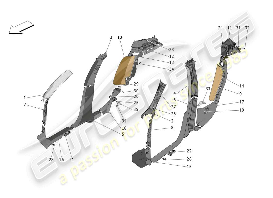 maserati grecale gt (2023) passenger compartment b pillar trim panels and side panels part diagram