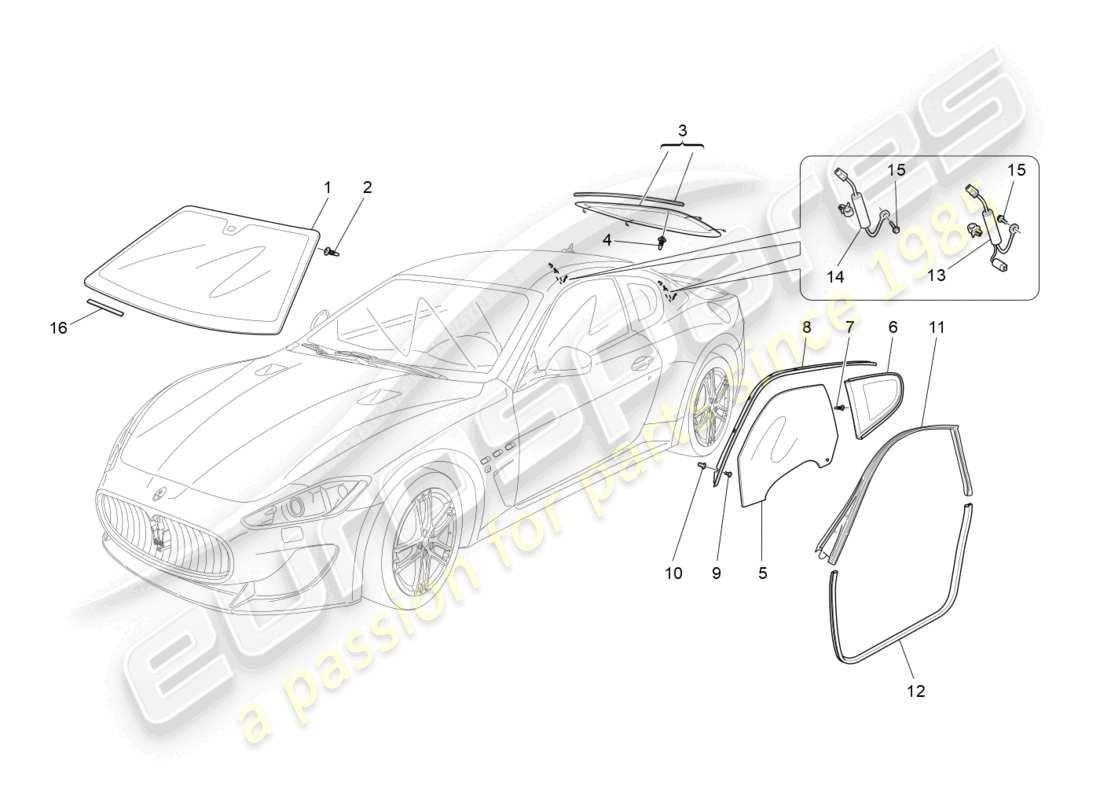 maserati granturismo mc stradale (2011) windows and window strips part diagram