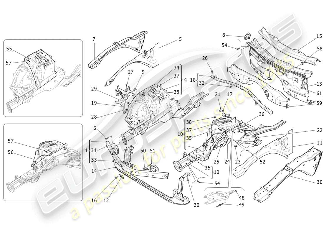 maserati quattroporte (2018) front structural frames and sheet panels parts diagram
