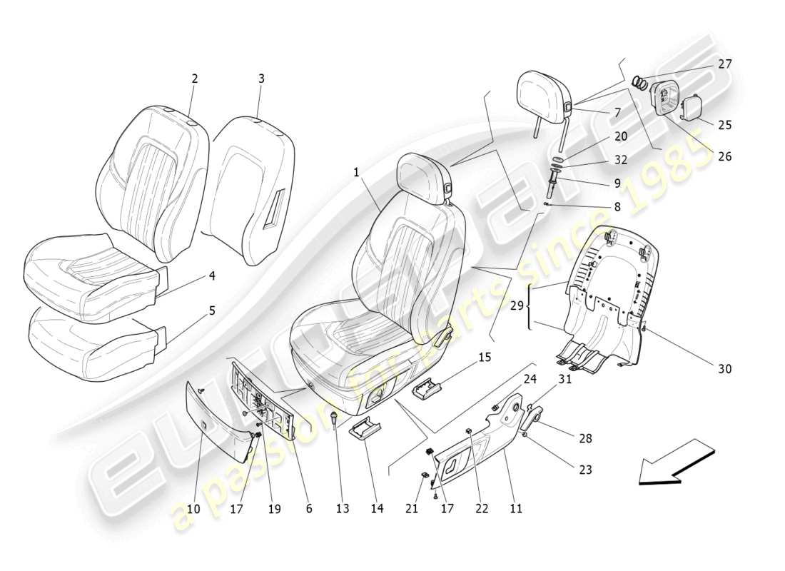 maserati levante trofeo (2020) front seats: trim panels parts diagram