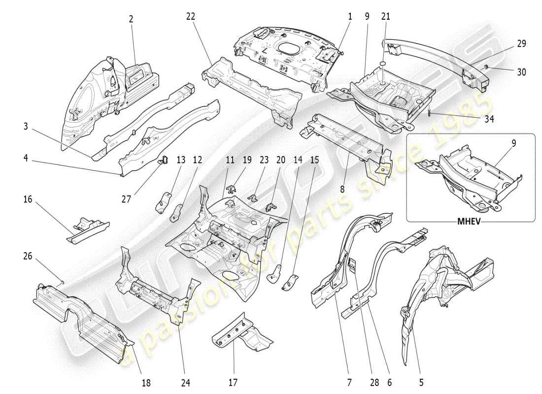 maserati ghibli (2021) rear structural frames and sheet panels part diagram