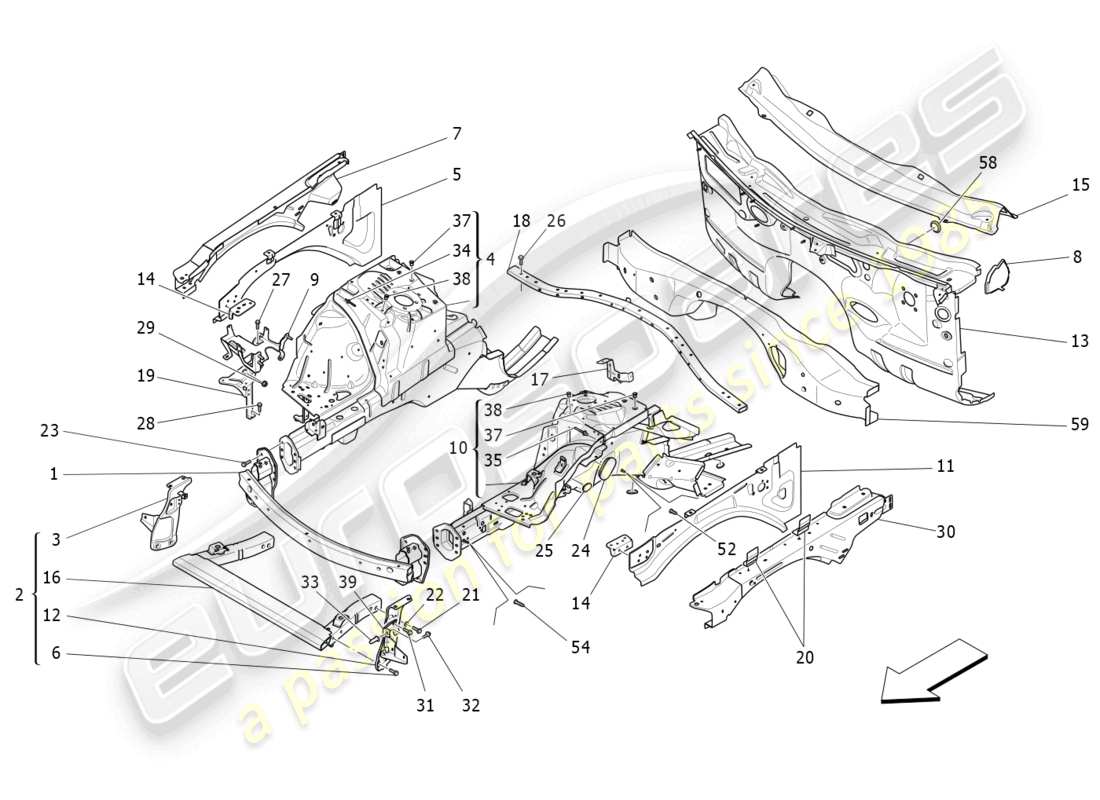 maserati levante (2017) front structural frames and sheet panels parts diagram