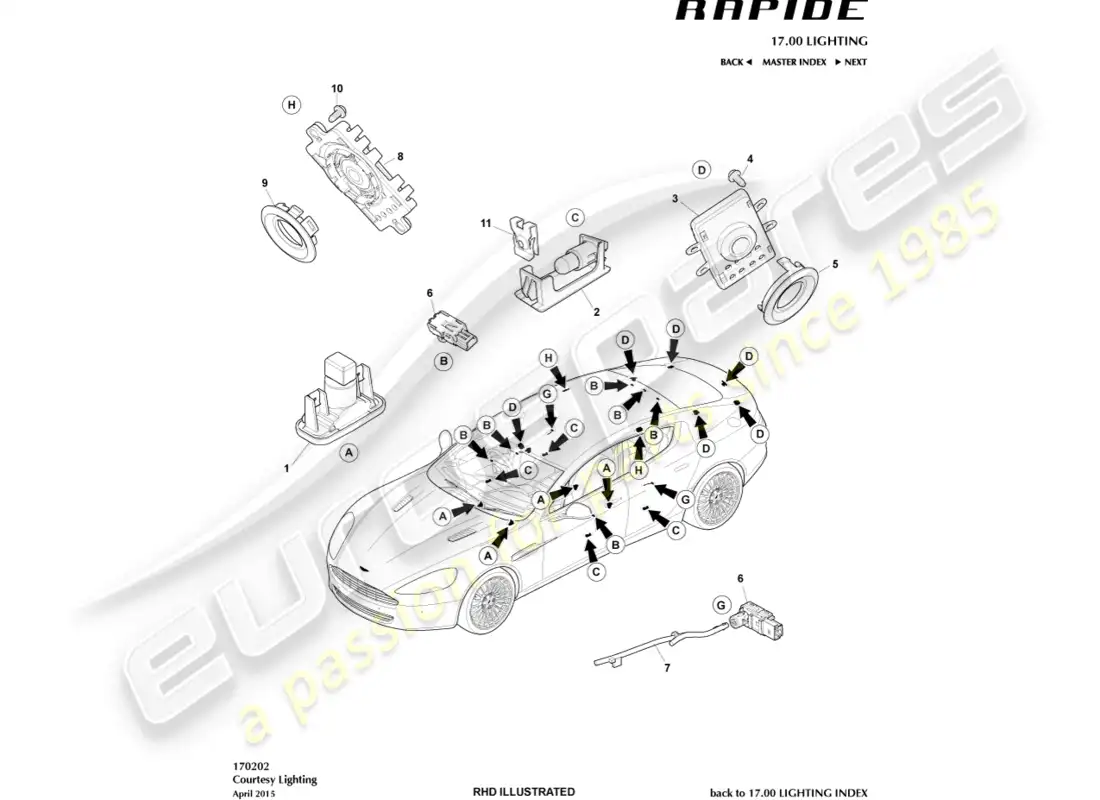 aston martin rapide (2014) courtesy lighting parts diagram