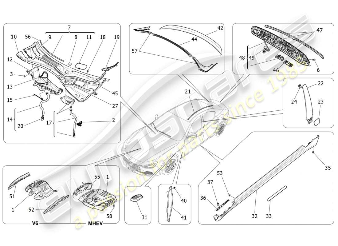 maserati ghibli (2016) shields, trims and covering panels parts diagram
