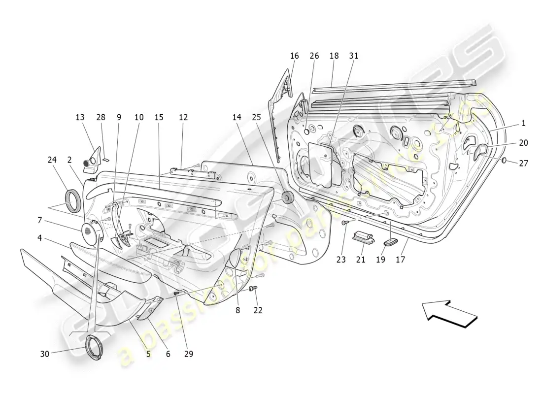 maserati granturismo s (2020) front doors: trim panels parts diagram