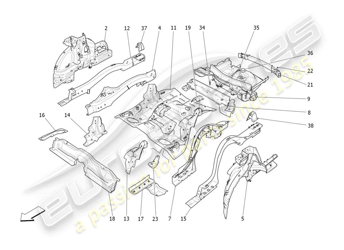 maserati levante modena (2022) rear structural frames and sheet panels part diagram