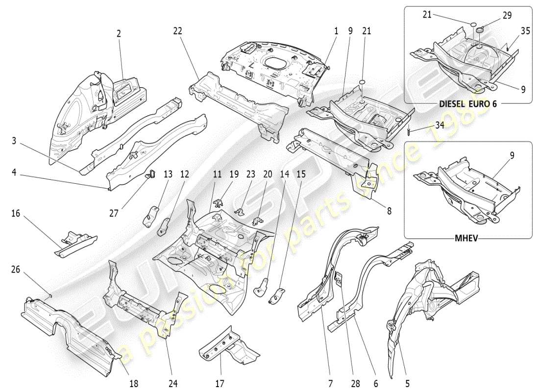 maserati ghibli (2021) rear structural frames and sheet panels part diagram