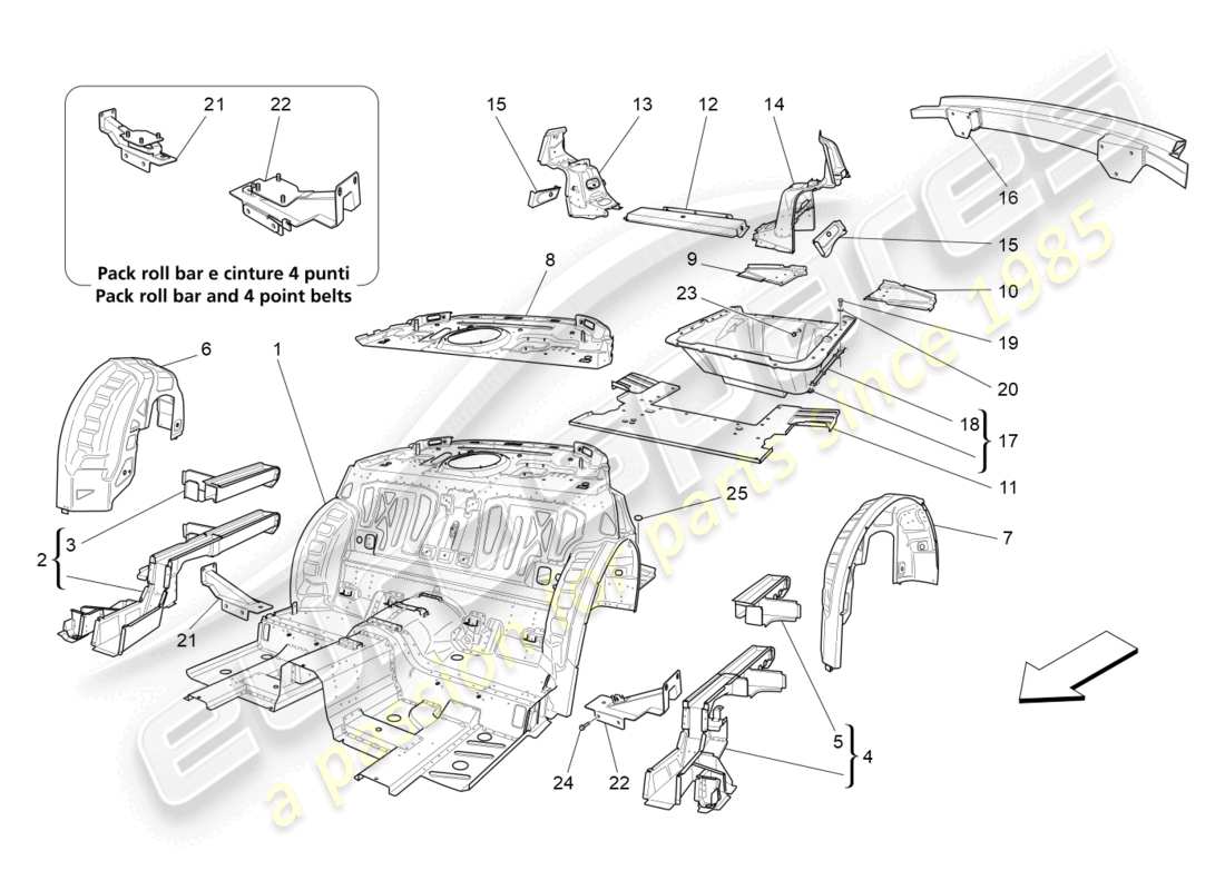 maserati granturismo mc stradale (2012) rear structural frames and sheet panels part diagram